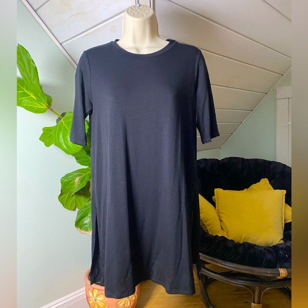 NWT Eileen Fisher Dress Tencel Jersey Short Sleeve Split Hem Black Size XXS